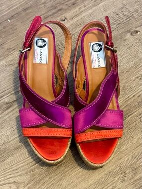 Lanvin Purple and Red Satin Slingback Wedge Sandals